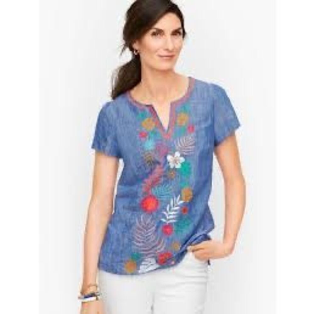 Talbots Embroidered Linen Blend Top Sz L Petite Floral Boho